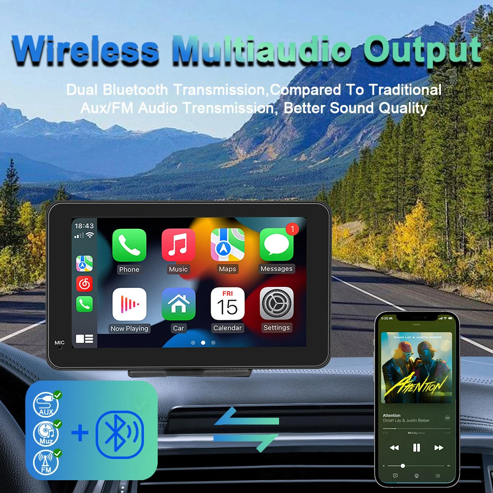 Auto CarPlay cu Ecran Tactil Portabil 7" IPS – CarPlay, Android Auto, GPS, Cameră Marsarier, WiFi și Multimedia Auto